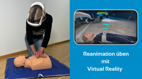 Mit dem VR-Szenario vor Augen wird an einer realen Erste-Hilfe-Puppe geübt. Das virtuelle Unfallszenario ist zeitgleich am Bildschirm zu sehen.
